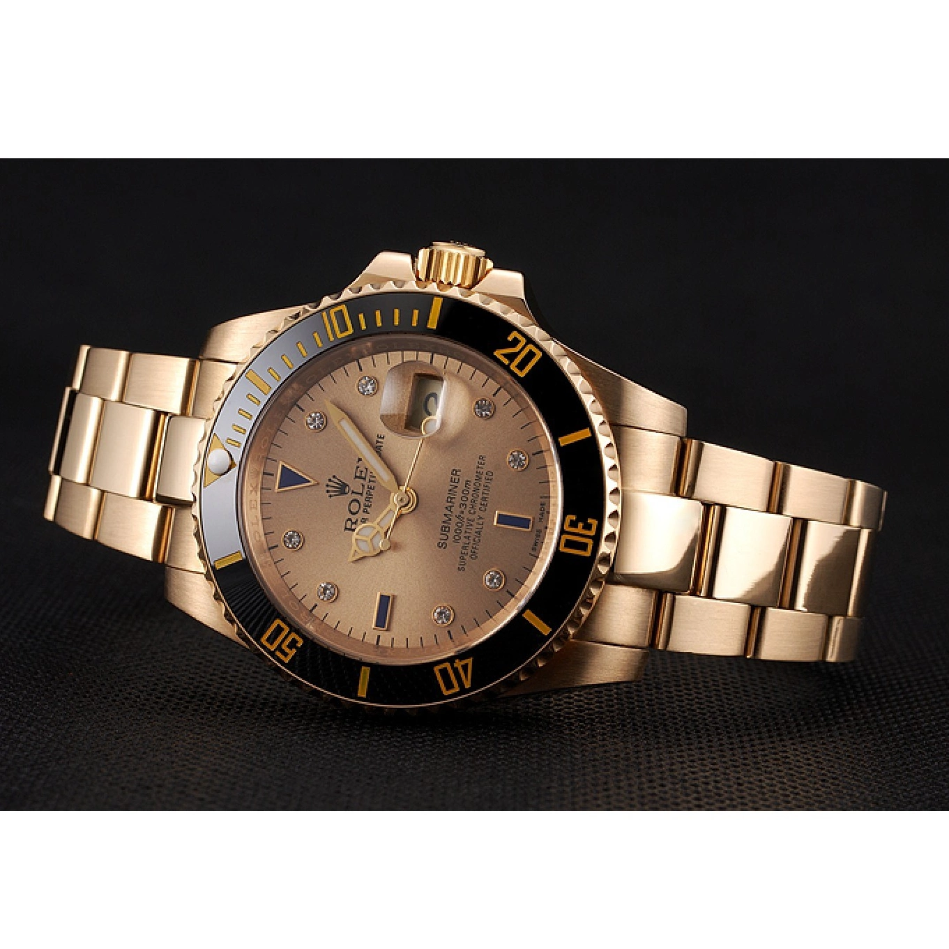 Aaa replica watch Markings With Case Yellow Swiss Diamond Black Dial Gold Submariner Bracelet Bezel Rolex Gold And 0530